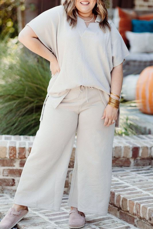 Stacey B's Beige Plus Size Textured Collared Top and Drawstring Pants Set