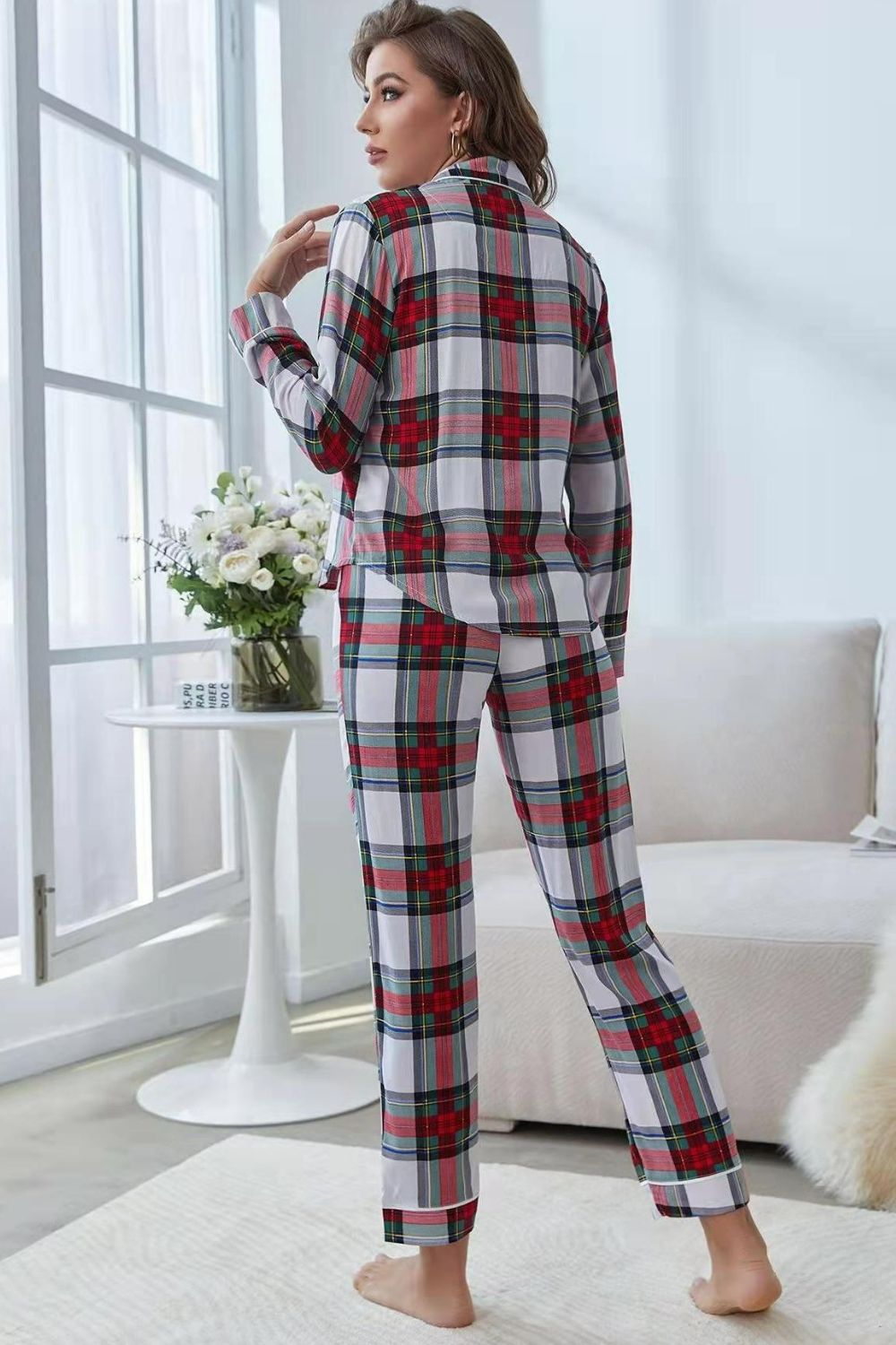 Stacey B's Plaid Button Front Top and Pants Lounge Set