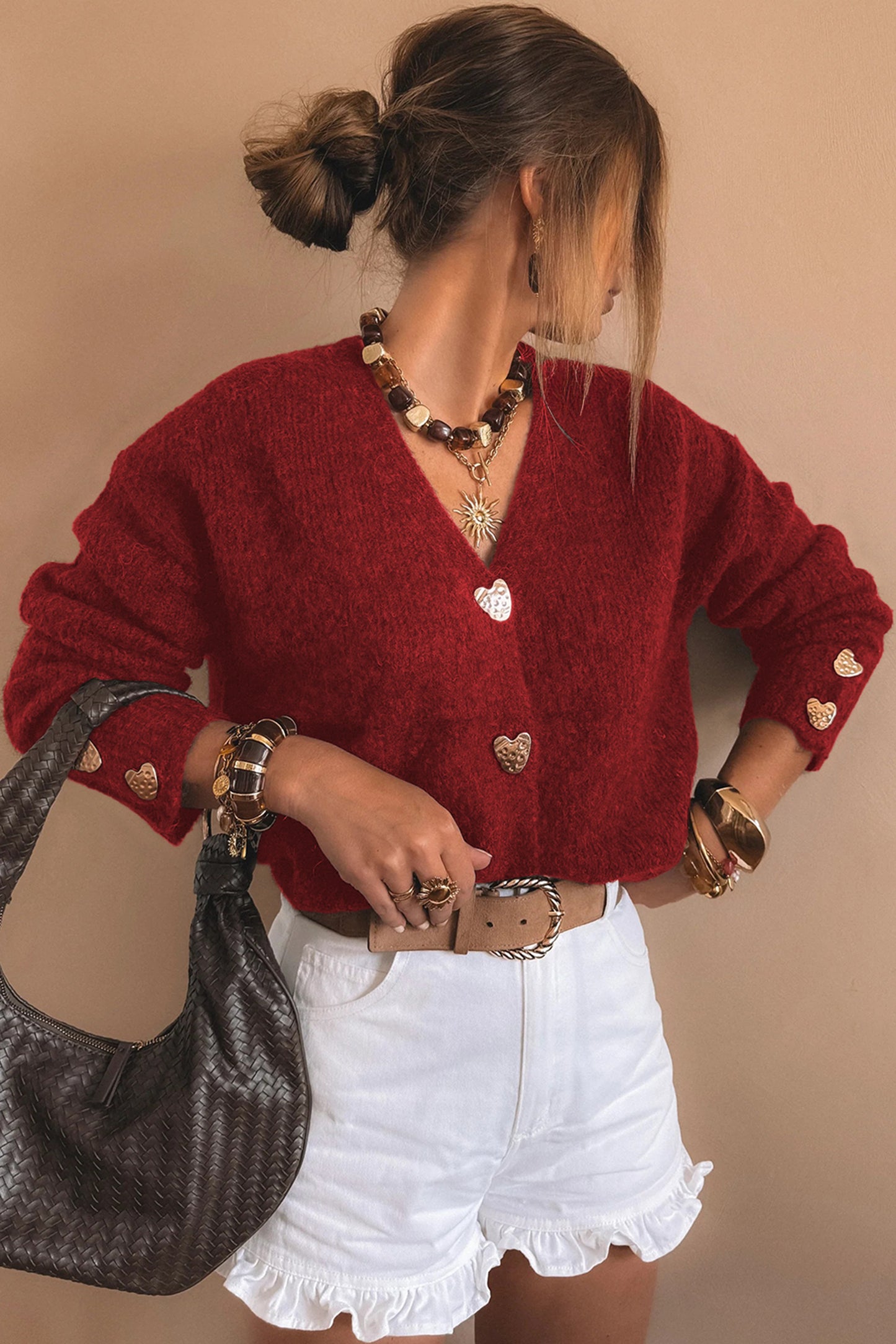 Stacey B's Fiery Red Heart Metal Button V Neck Cardigan Sweater