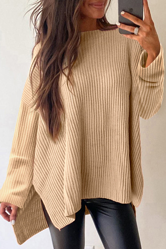 Stacey B's Apricot Cable Knit Drop Shoulder Side Slits Loose Sweater