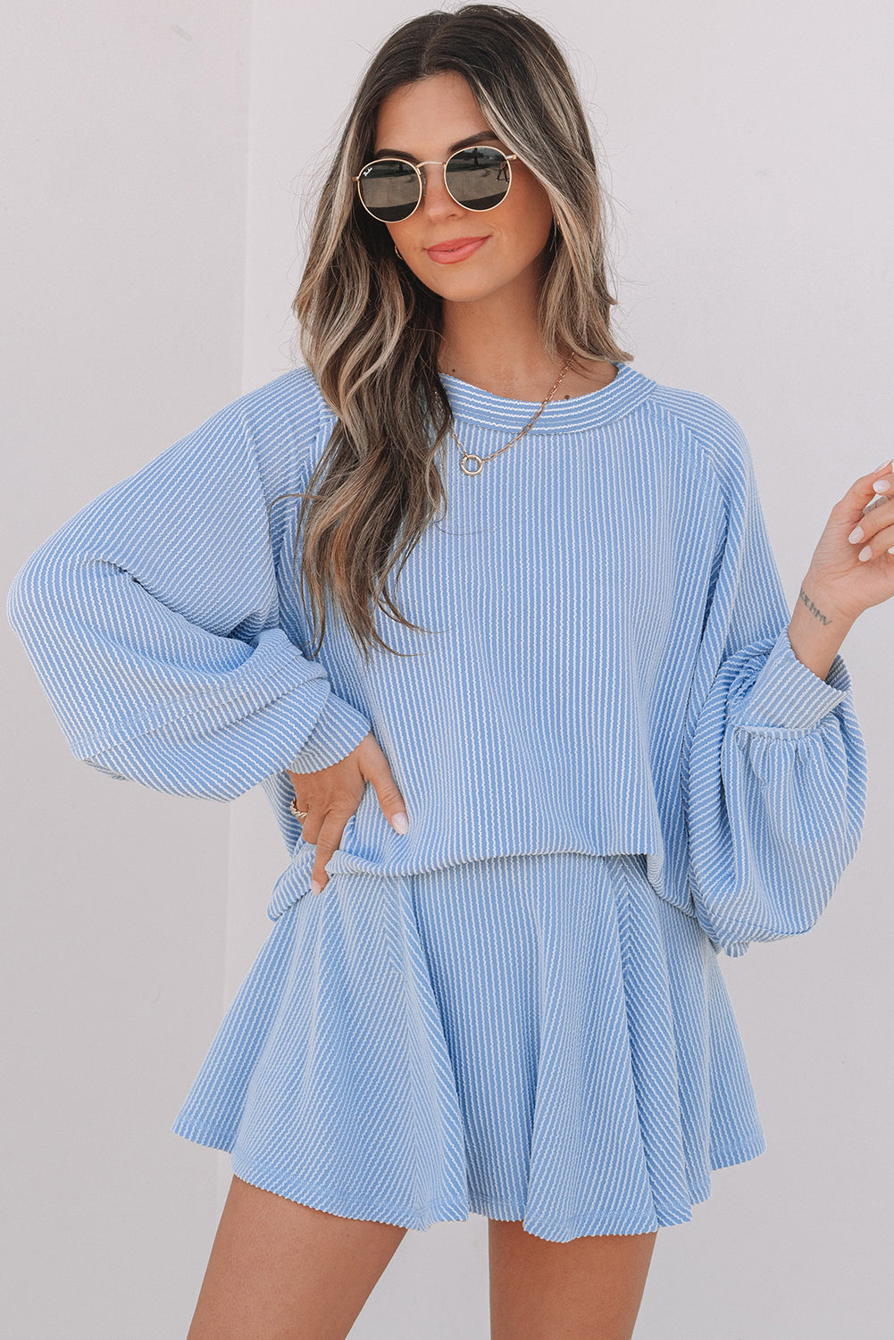 Stacey B's Sky Blue Corded Lantern Sleeve Top High Waist Ruffled Mini Skort Set