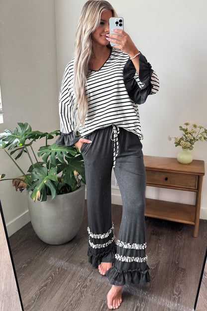 Stacey B's Blue Stripe V Neck Ruffle Contrast Sleeve Top Drawstring Pants 2pcs Set