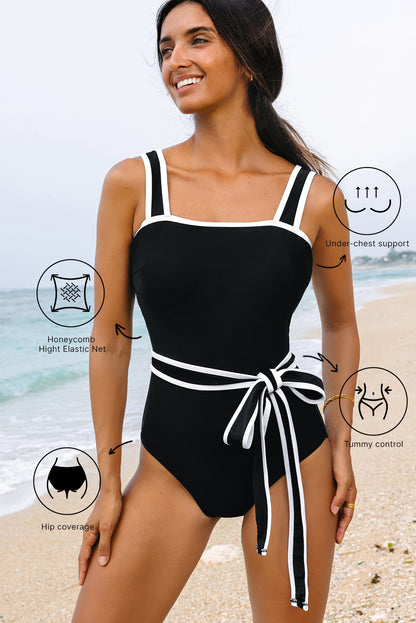 Stacey B's Black Colorblock Edge Belted One Piece Swimsuit