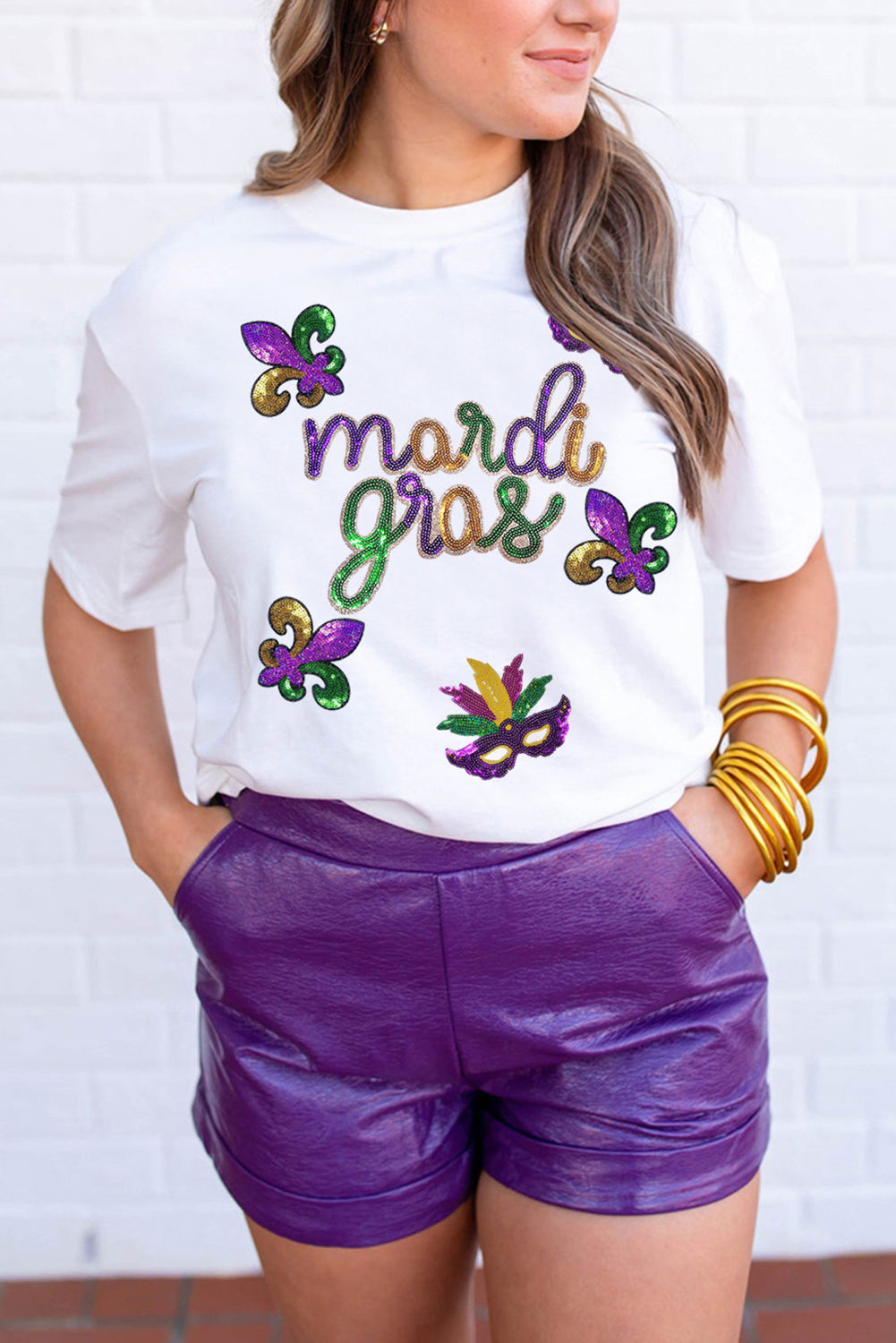 Stacey B's White Sequin Mardi Gras Pattern Graphic Crewneck Tee