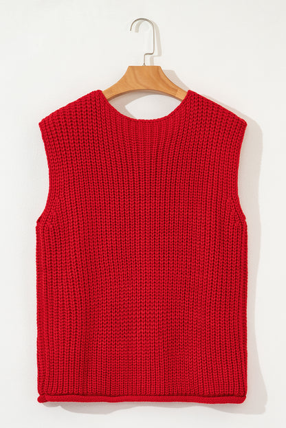 Stacey B's Fiery Red Solid Textured Knit Side Pockets Buttoned Sweater Vest