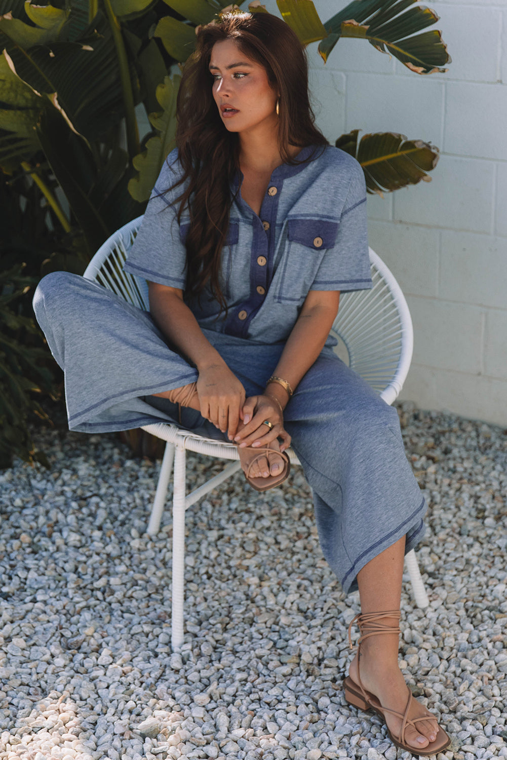 Stacey B's Beau Blue Half Placket Chest Pockets Short Sleeve Wide Leg Jumpsuit