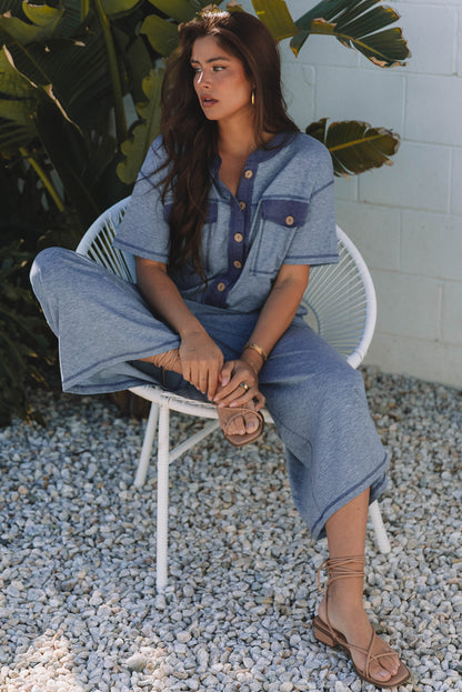 Stacey B's Beau Blue Half Placket Chest Pockets Short Sleeve Wide Leg Jumpsuit