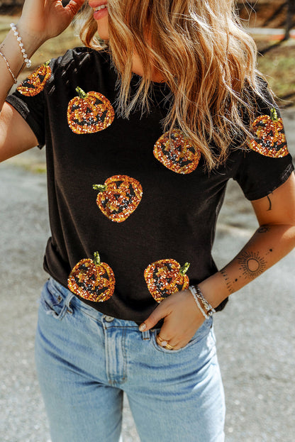 Stacey B's Black Sequin Pumpkin Face Halloween T Shirt