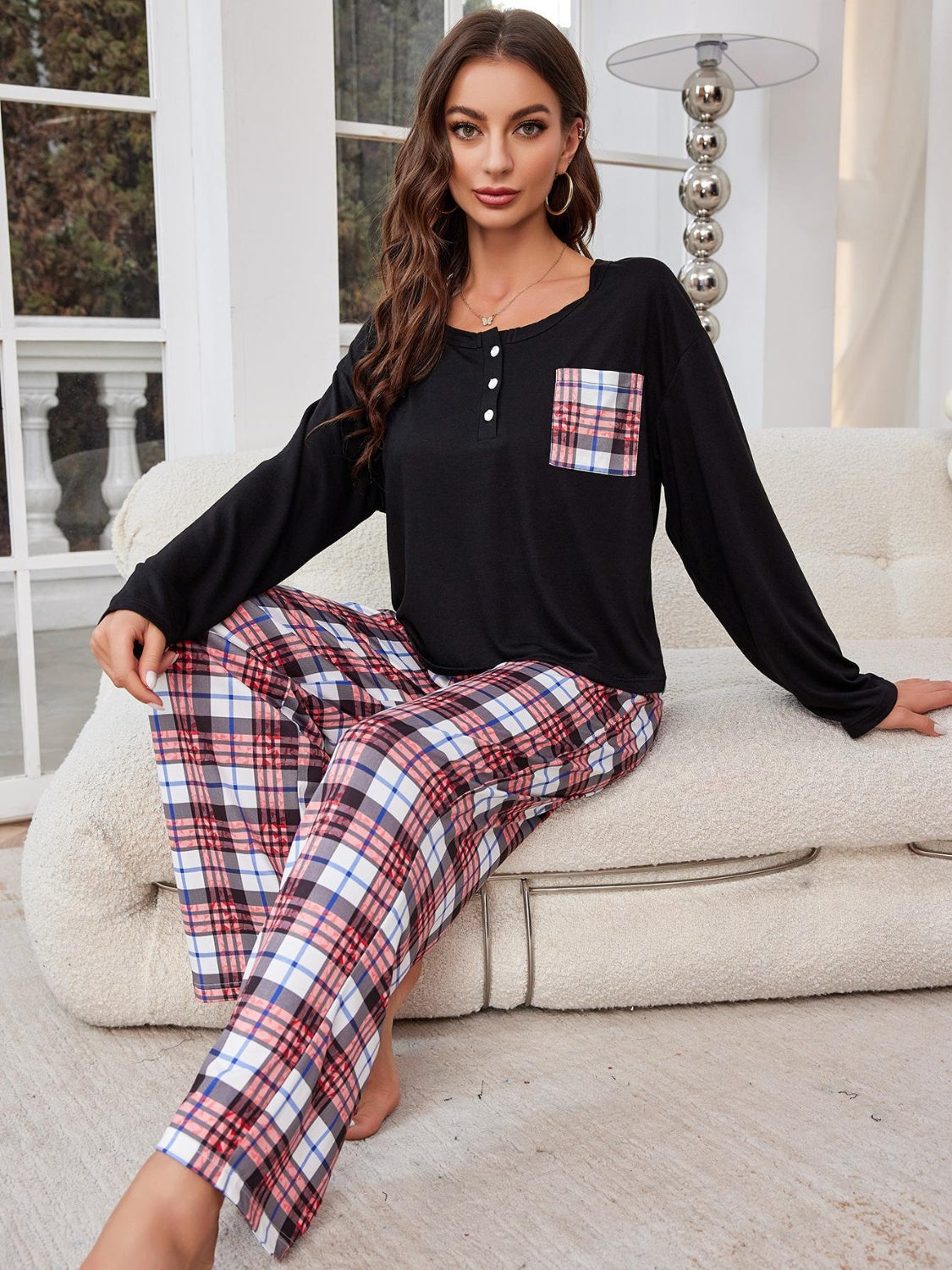 Stacey B's Round Neck Long Sleeve Top and Plaid Pants Lounge Set