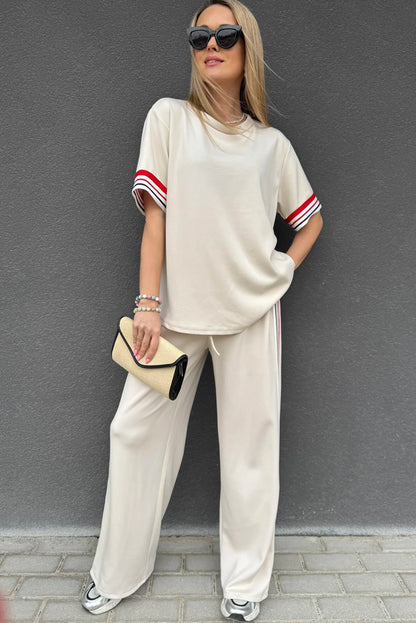 Stacey B's Jet Stream Contrast Striped Trim Crewneck T Shirt Loose Straight Pants Set