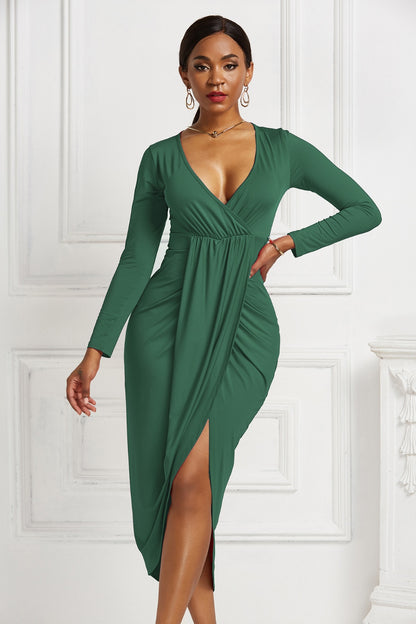 Stacey B's High-low Ruched Surplice Long Sleeve Dress