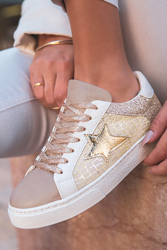 Stacey B's Gold Glitter Star Patchwork PU Leather Lace-up Sneakers