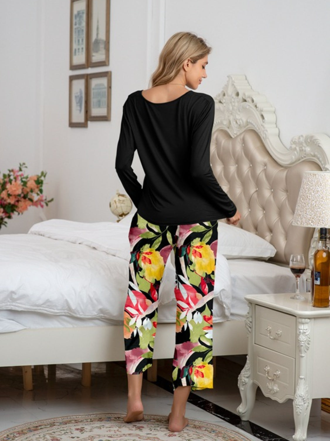 Stacey B's Round Neck Top and Printed Pants Lounge Set