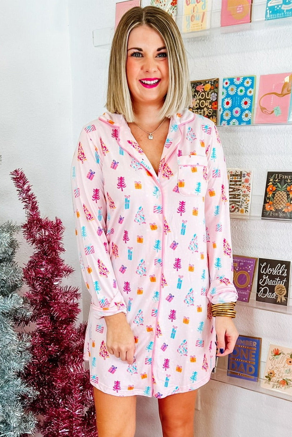 Stacey B's Pink Christmas Twinkle Tree Print Shirt Sleep Dress