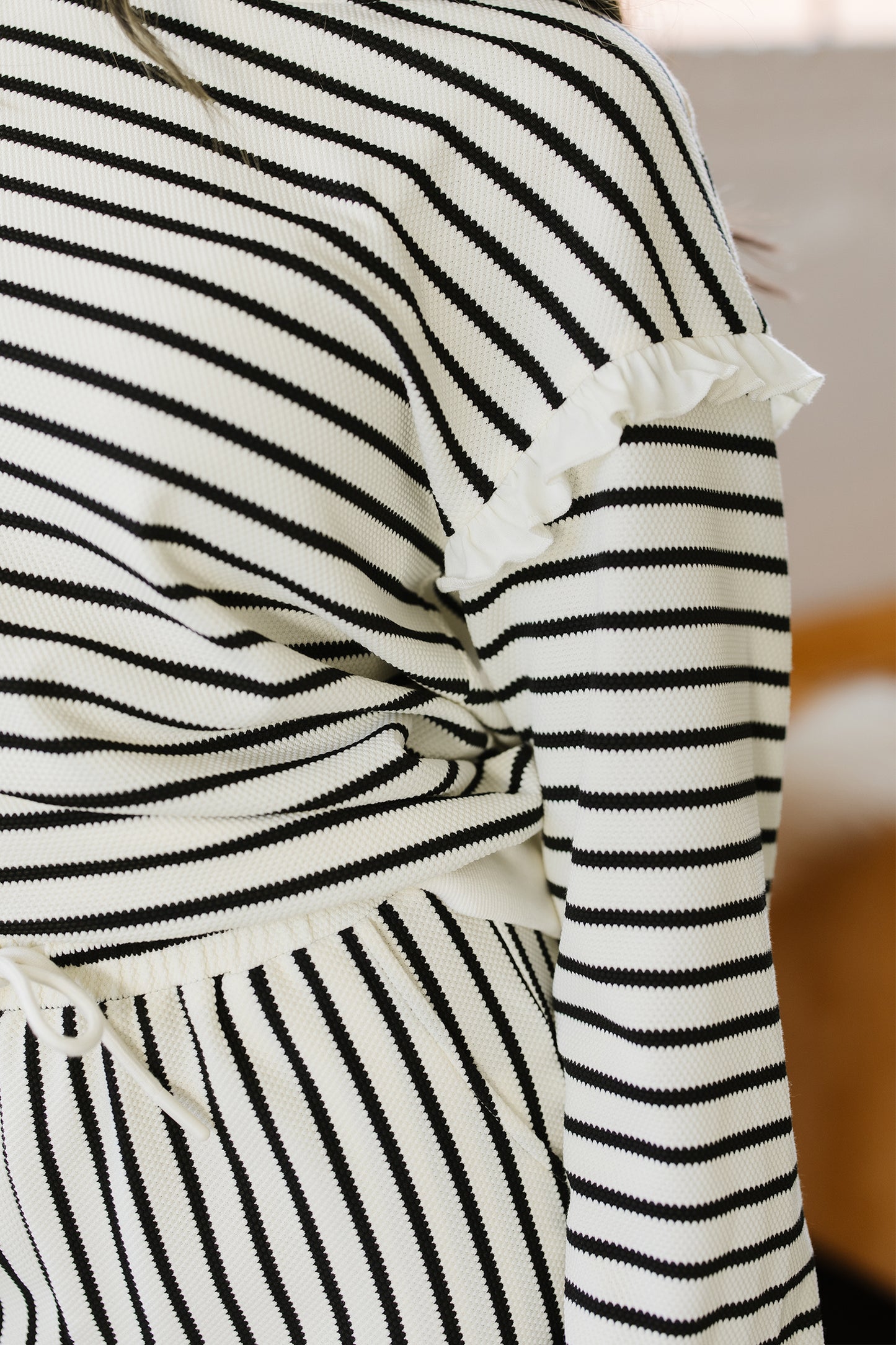 Stacey B's White Stripe Ruffle Trim Drop Shoulder Top Drawstring Loose Pant Set