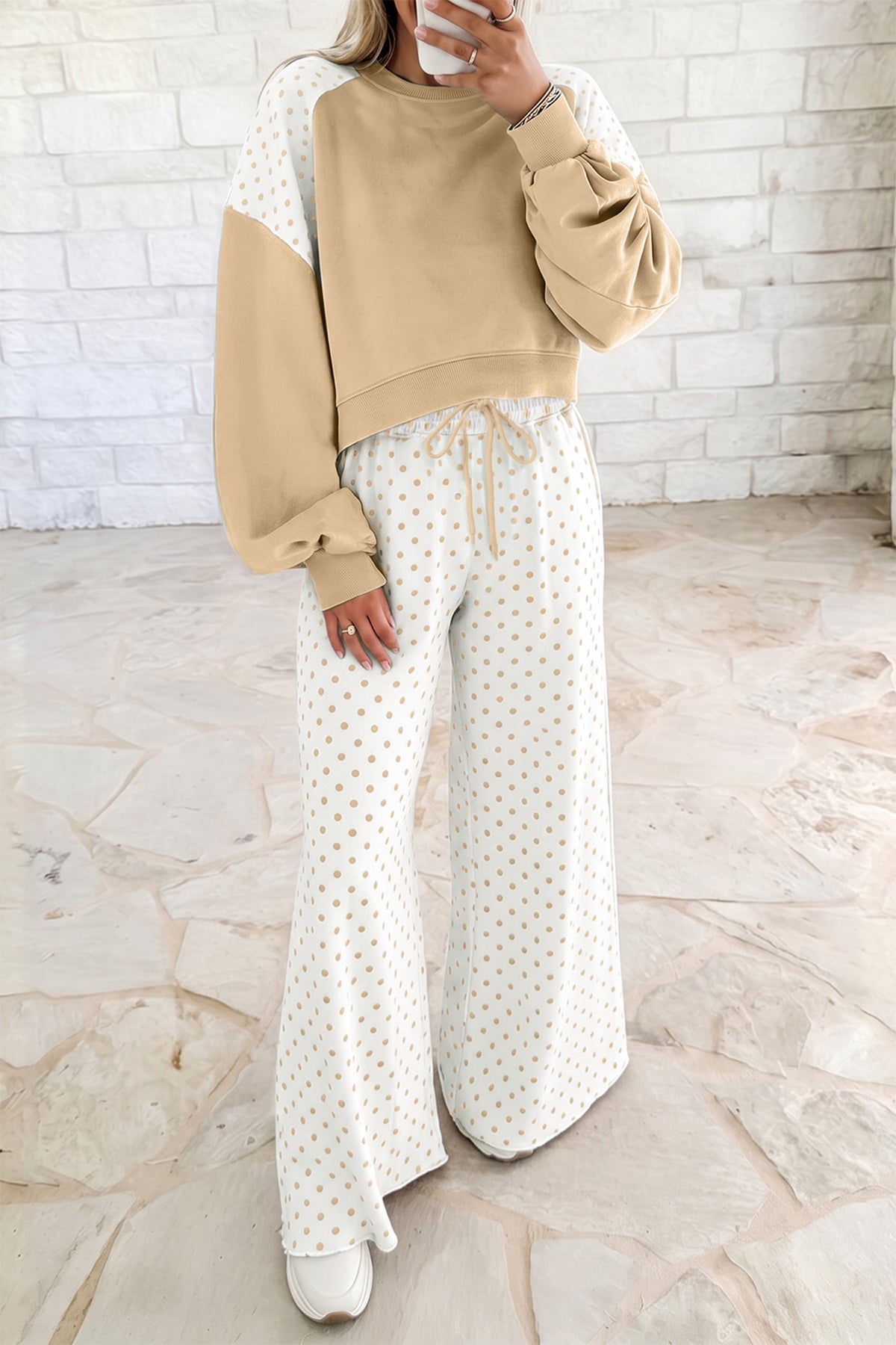 Stacey B's Green Polka Dot Patchwork Colorblock Long Sleeve Casual Two Piece Pants Set