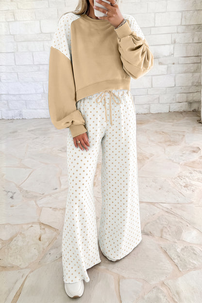 Stacey B's Green Polka Dot Patchwork Colorblock Long Sleeve Casual Two Piece Pants Set