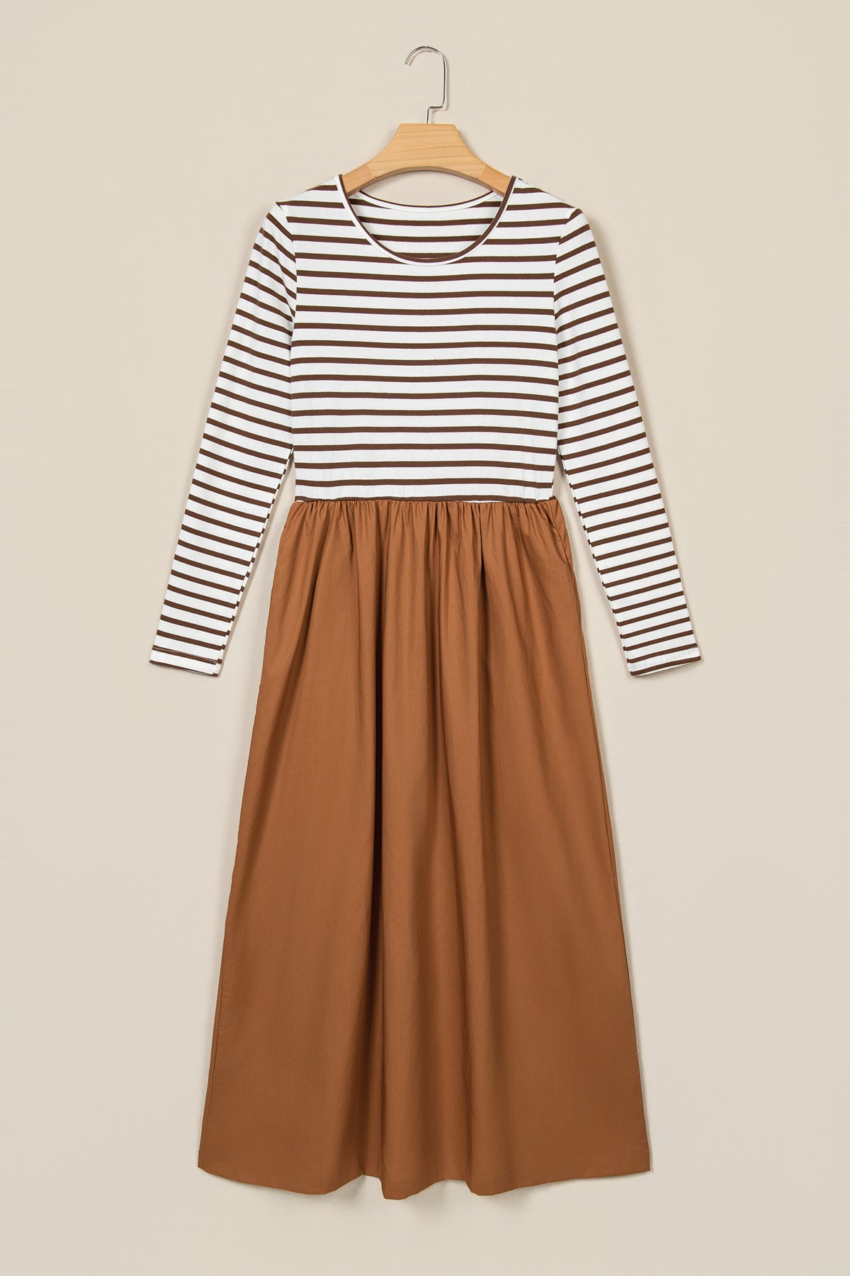 Stacey B's Brown Stripe Ribbed Knit Long Sleeve Bodice Contrast Patchwork Flared Dress