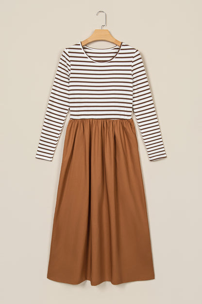 Stacey B's Brown Stripe Ribbed Knit Long Sleeve Bodice Contrast Patchwork Flared Dress