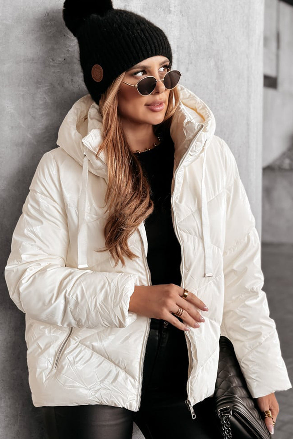 Stacey B's White Solid Quilted Hooded Zip Up Puffer Coat