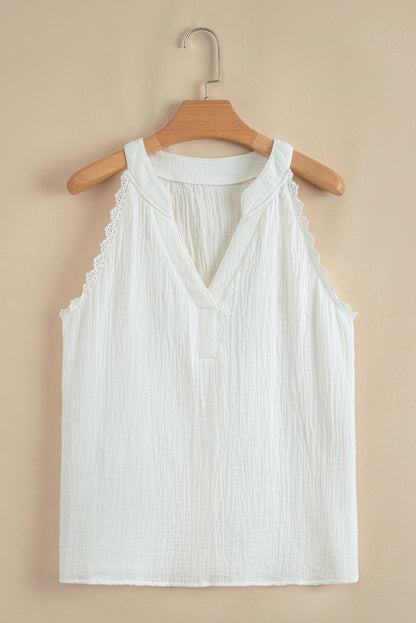 Stacey B's White Textured Lace Trim Pure Cotton Sleeveless Top