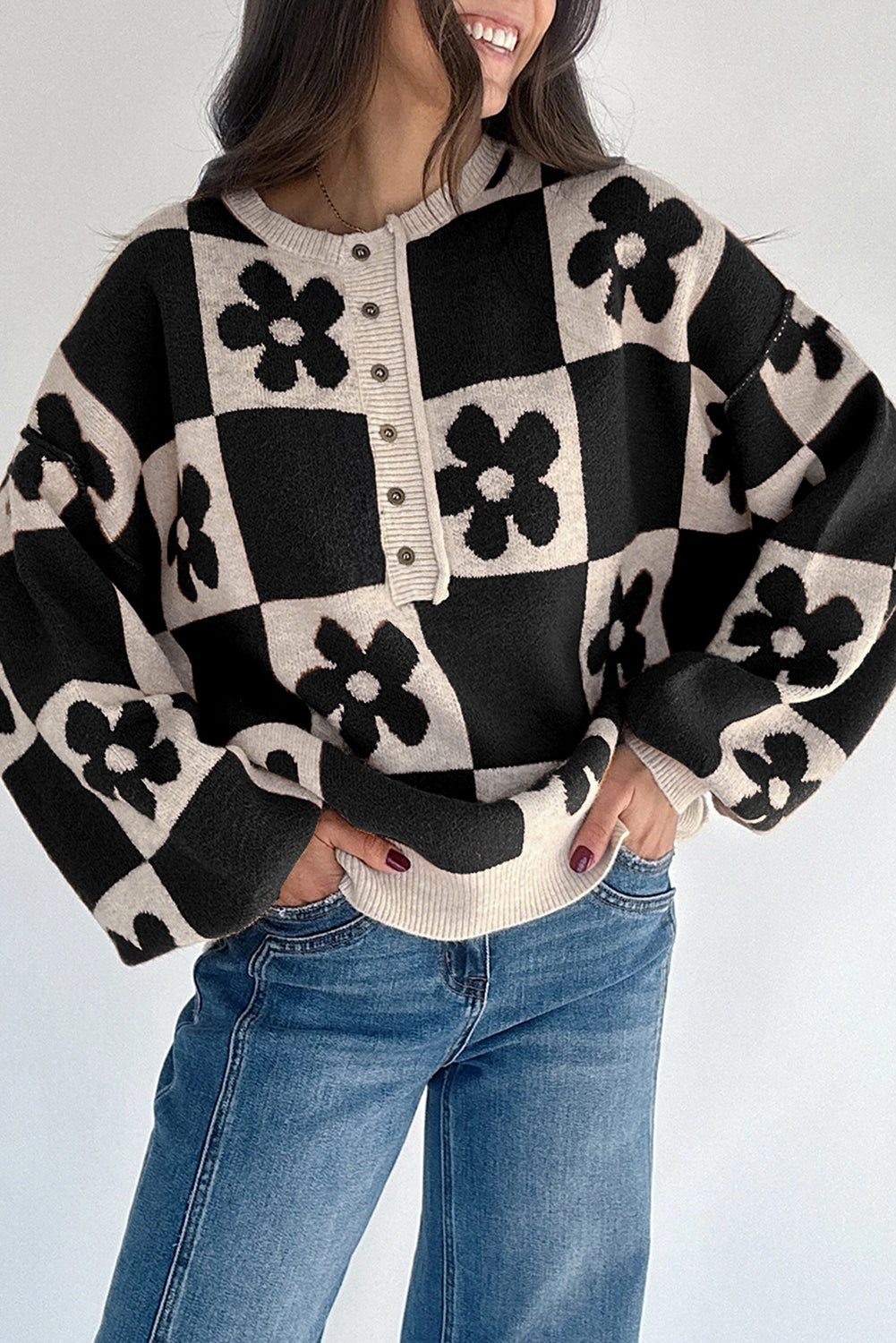 Stacey B's Black Flower Colorblock Checkered Henley Sweater