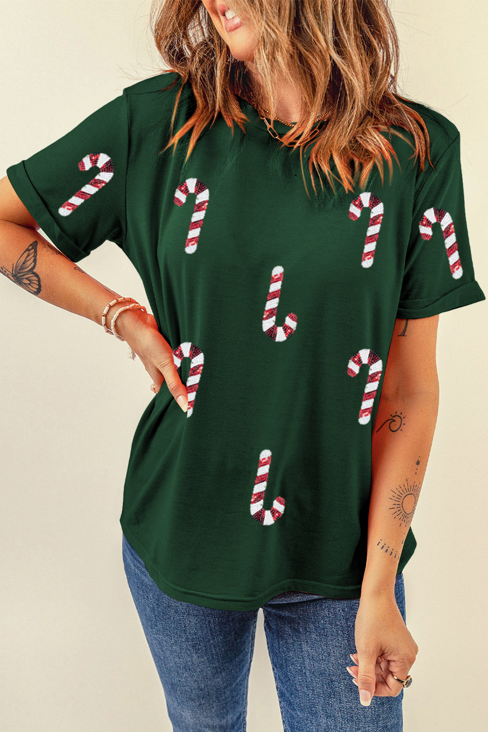 Stacey B's Green Christmas Candy Cane Graphic Casual T Shirt