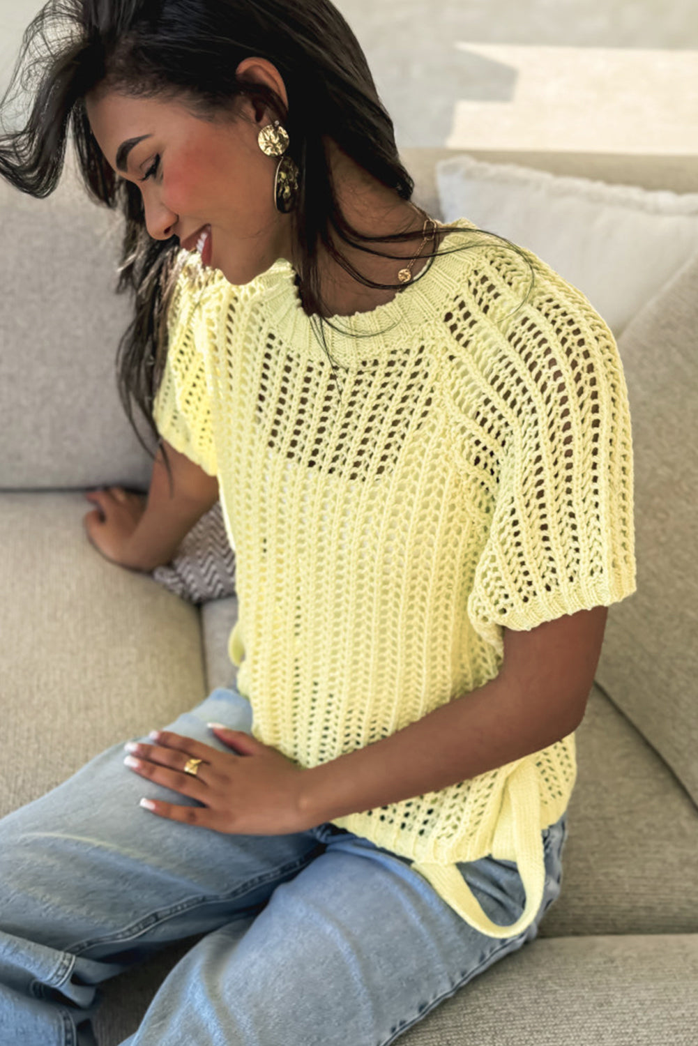 Stacey B's Pink Side Tie Hollow-out Crochet Knit Top