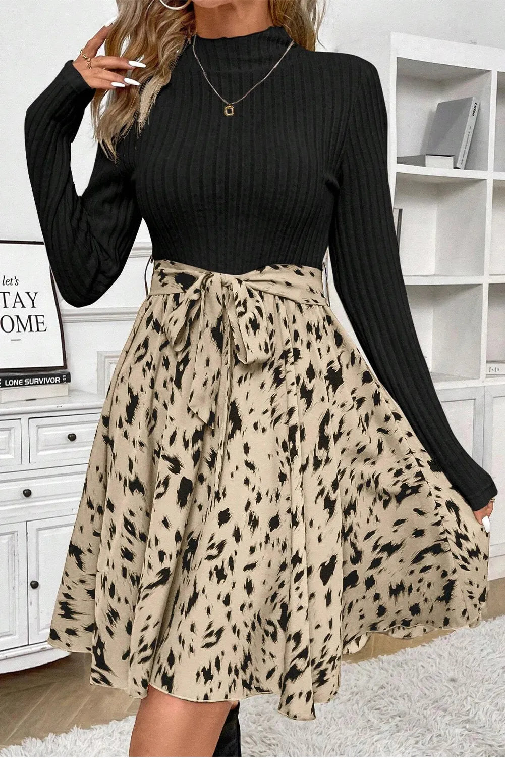 Stacey B's Tied Printed Mock Neck Long Sleeve Dress