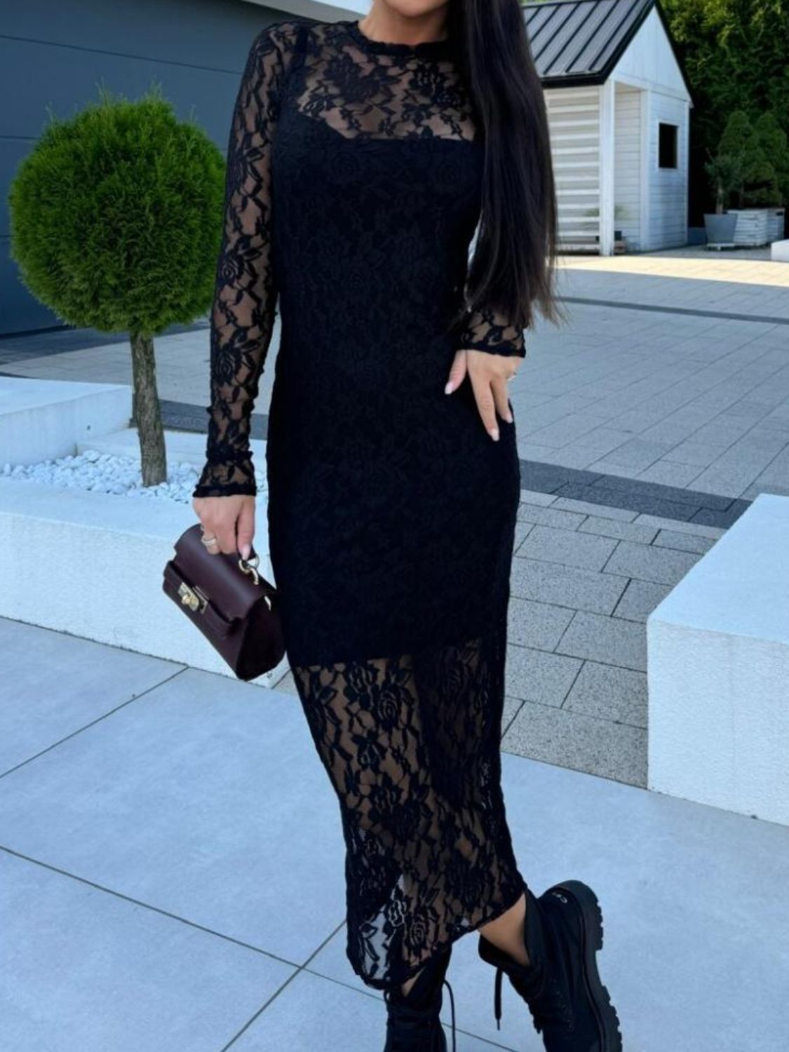 Stacey B's Lace Round Neck Long Sleeve Midi Dress