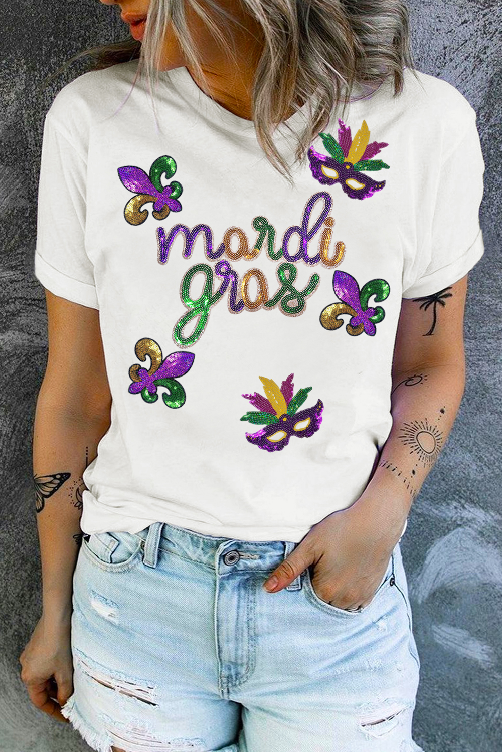 Stacey B's White Sequin Mardi Gras Pattern Graphic Crewneck Tee