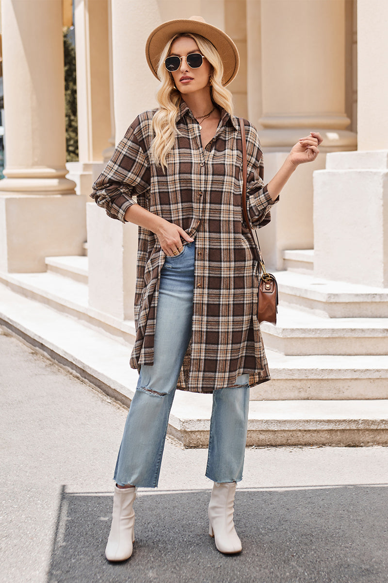 Stacey B's Mandy Plaid Collared Neck Long Sleeve Coat