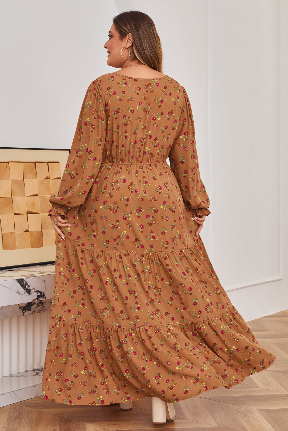 Stacey B's Brown Plus Size Floral Split V Neck Ruffled Sleeve Tiered Maxi Dress