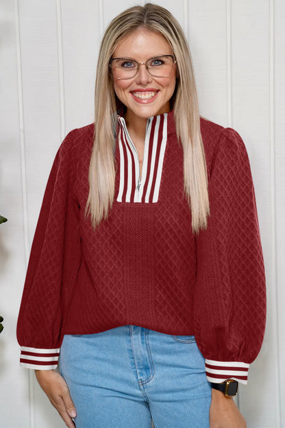 Stacey B's Racing Red Rhombus Textured Striped Patchwork Zip Neck Pullover Sweatshirt