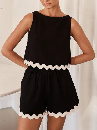 Stacey B's Contrast Trim Round Neck Top and Shorts Set