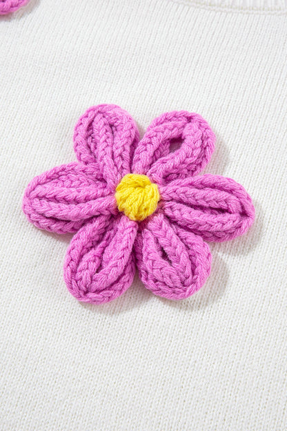 Stacey B's Crochet Flower Round Neck Long Sleeve Sweater