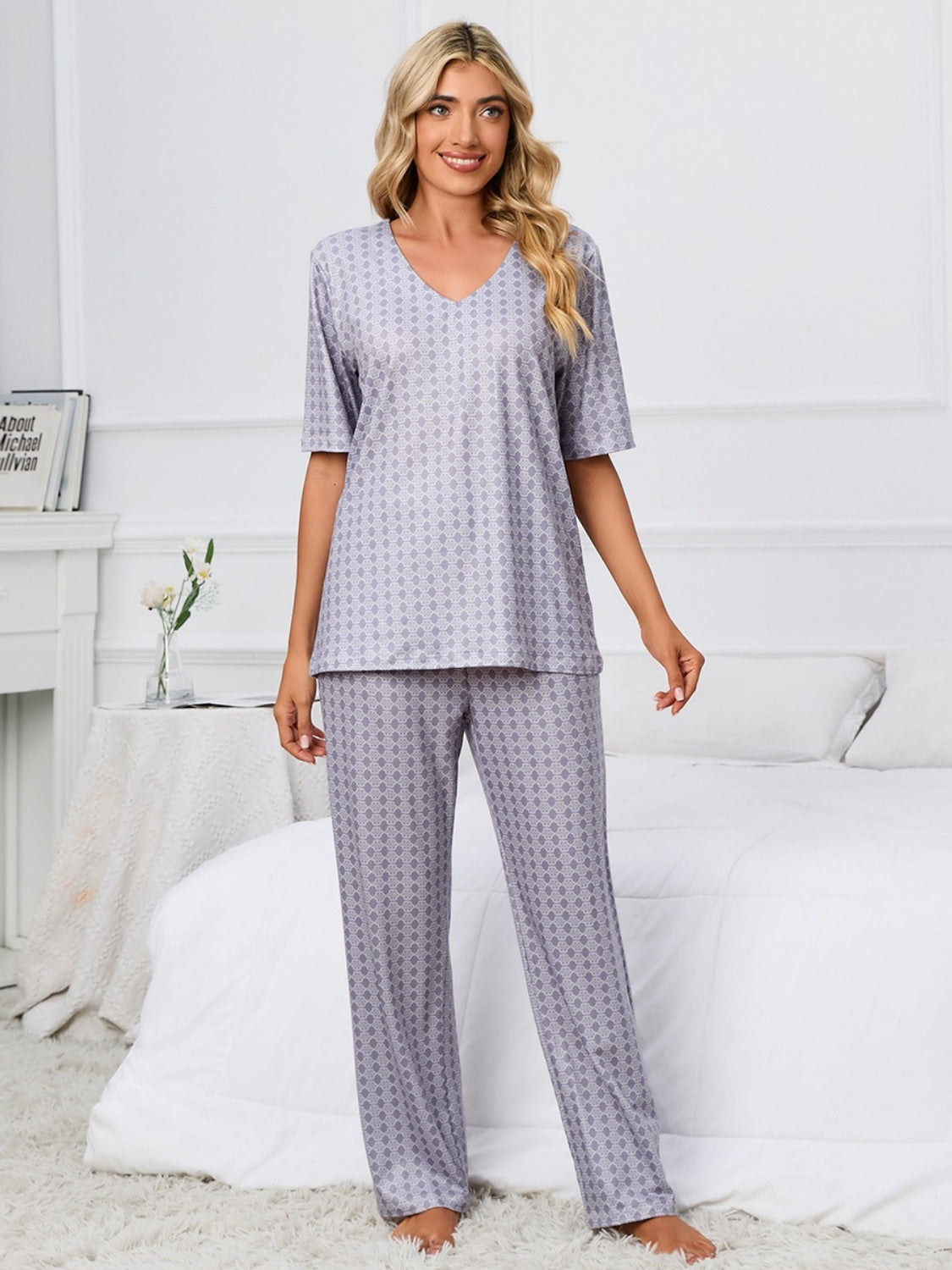 Stacey B's Printed V-Neck Top and Pants Lounge Set