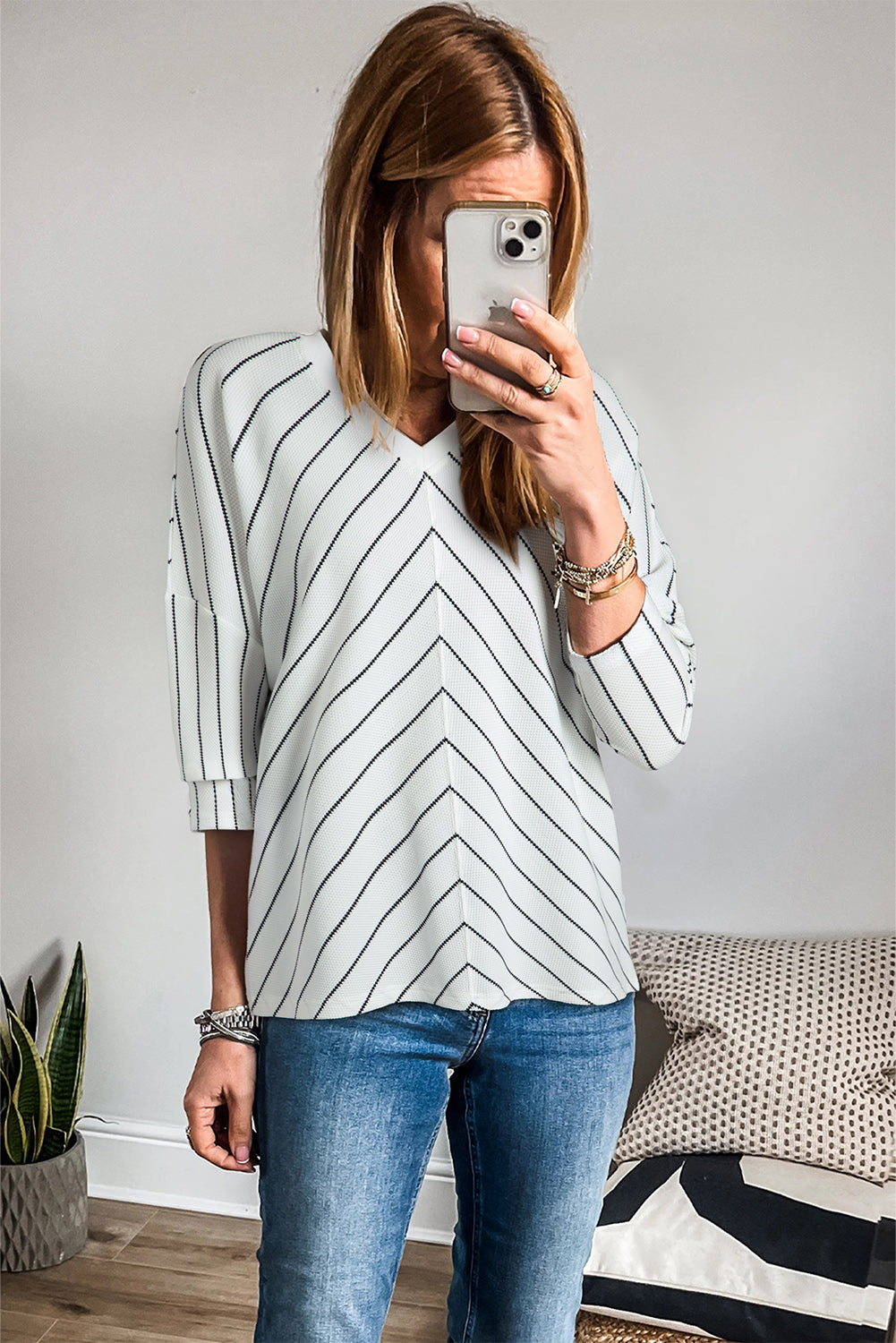 Stacey B's Black Stripe Chevron Striped V Neck Long Sleeve Casual Top