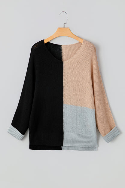 Stacey B's Black Color Block Knit V Neck Loose Sweater