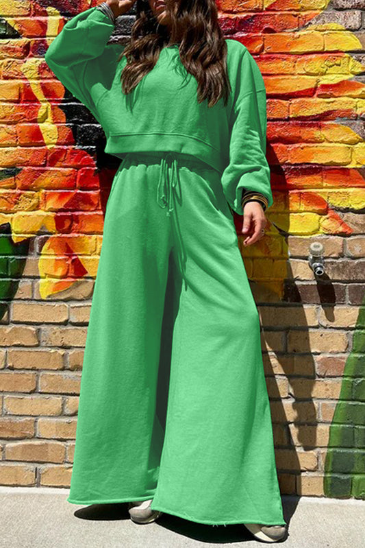 Stacey B's Bright Green Drop Shoulder Crop Pullover Drawstring Wide Leg Pants Set