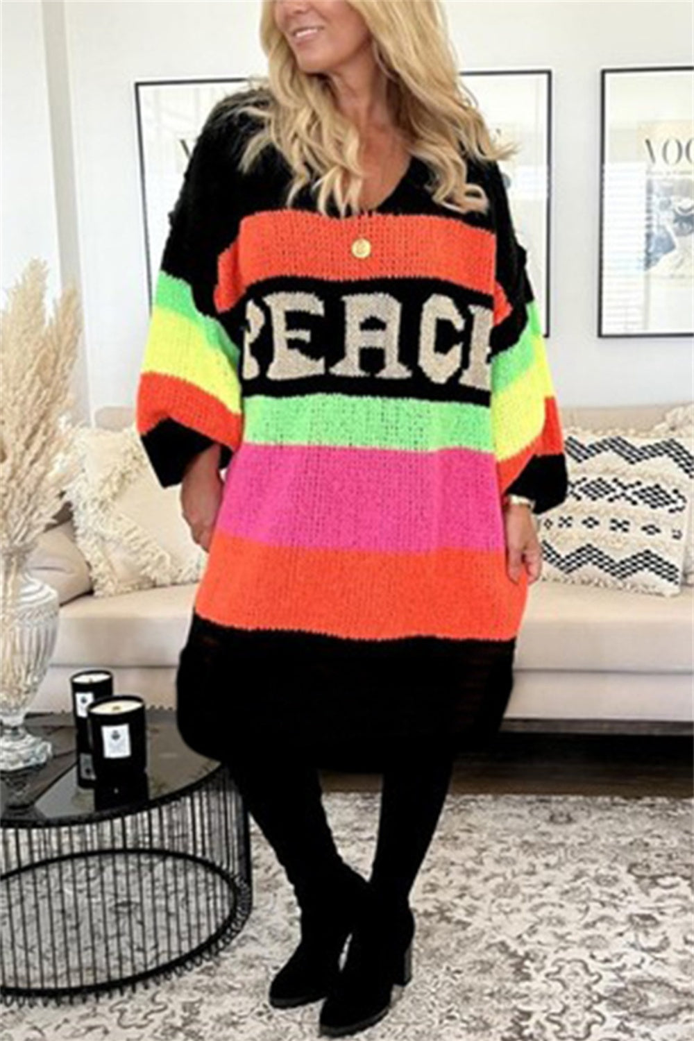 Stacey B's Color Block V-Neck Long Sleeve Sweater Dress