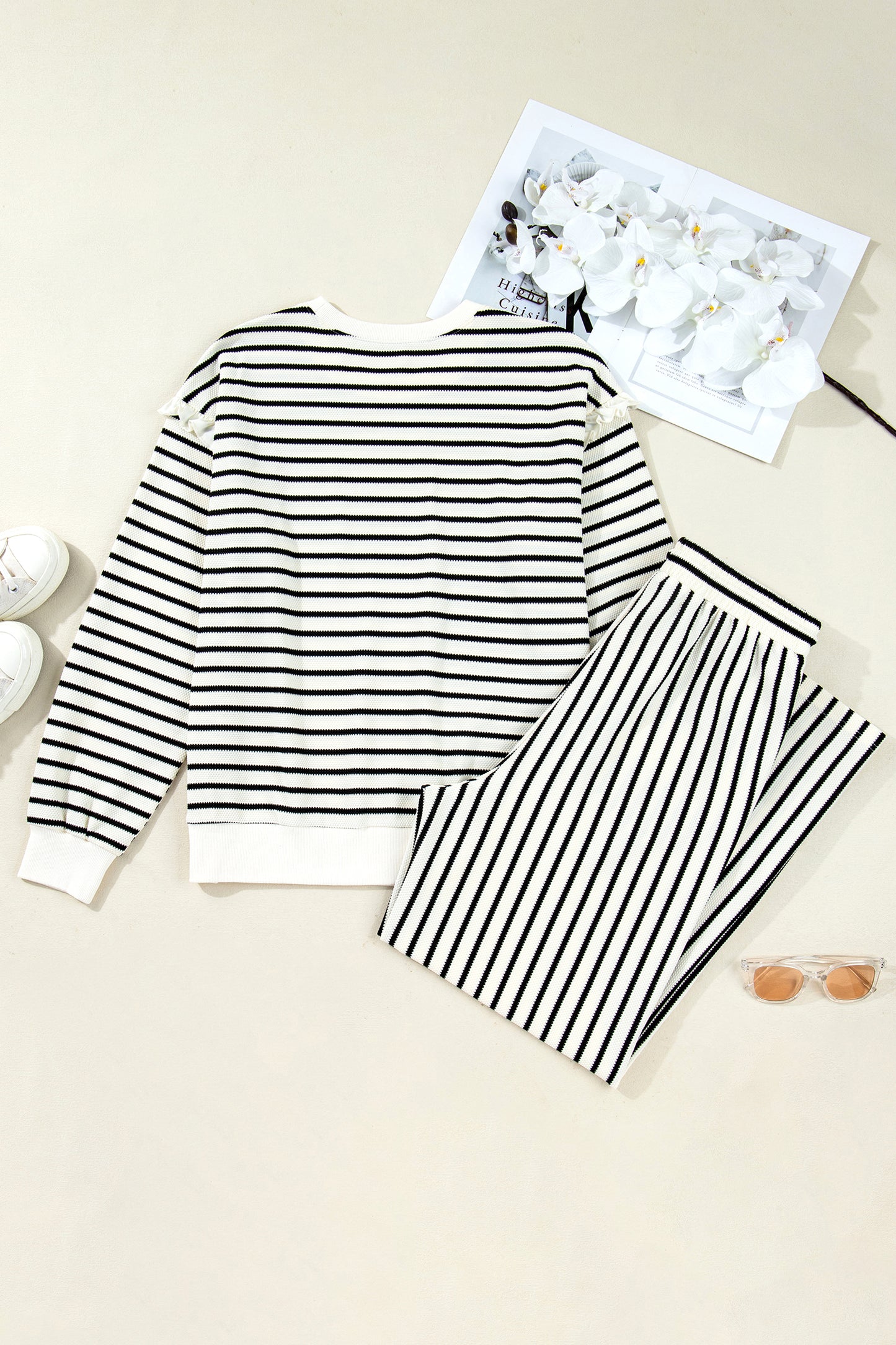 Stacey B's White Stripe Ruffle Trim Drop Shoulder Top Drawstring Loose Pant Set