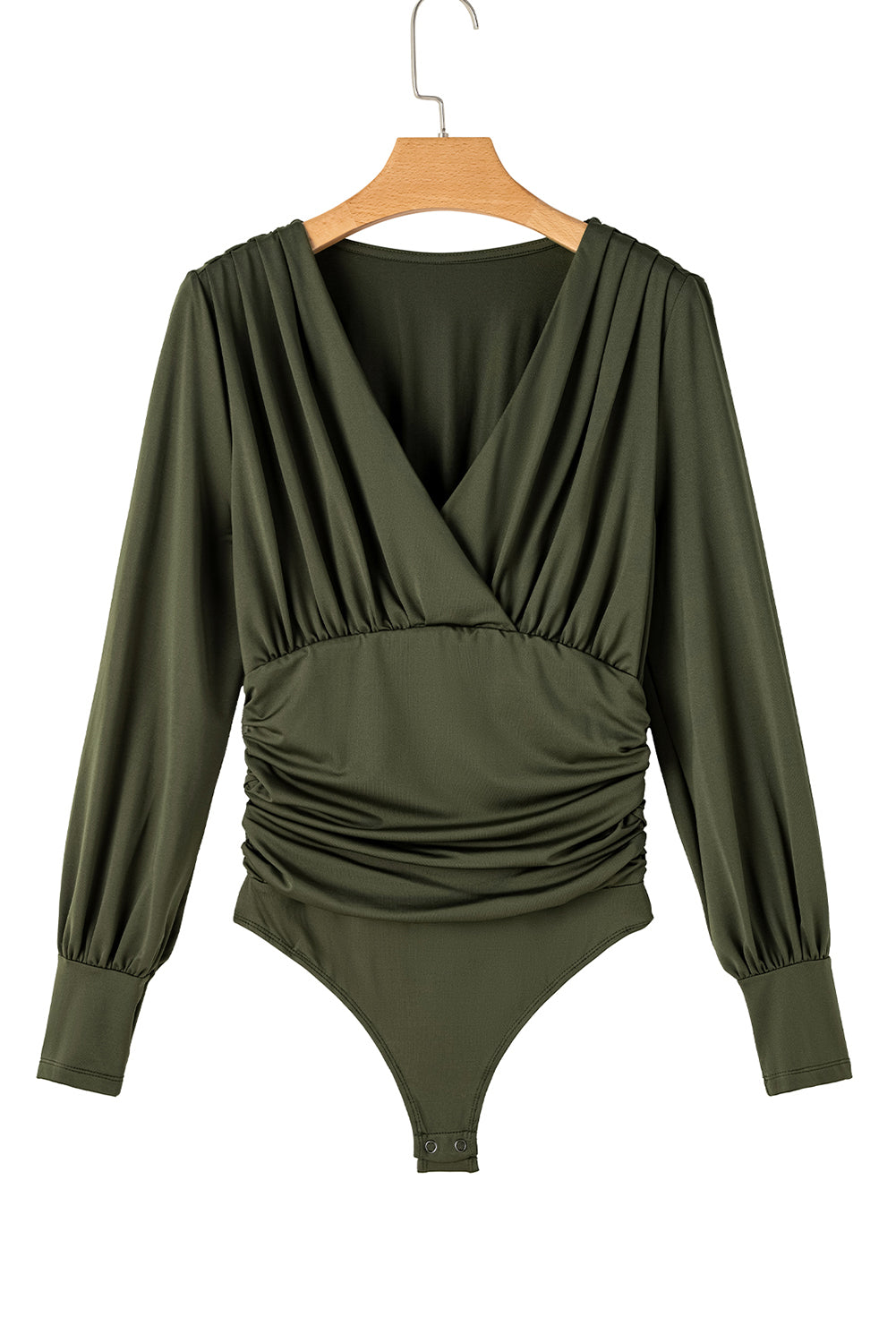 Stacey B's Moss Green Wrap V Neck Ruched Long Sleeve Bodysuit