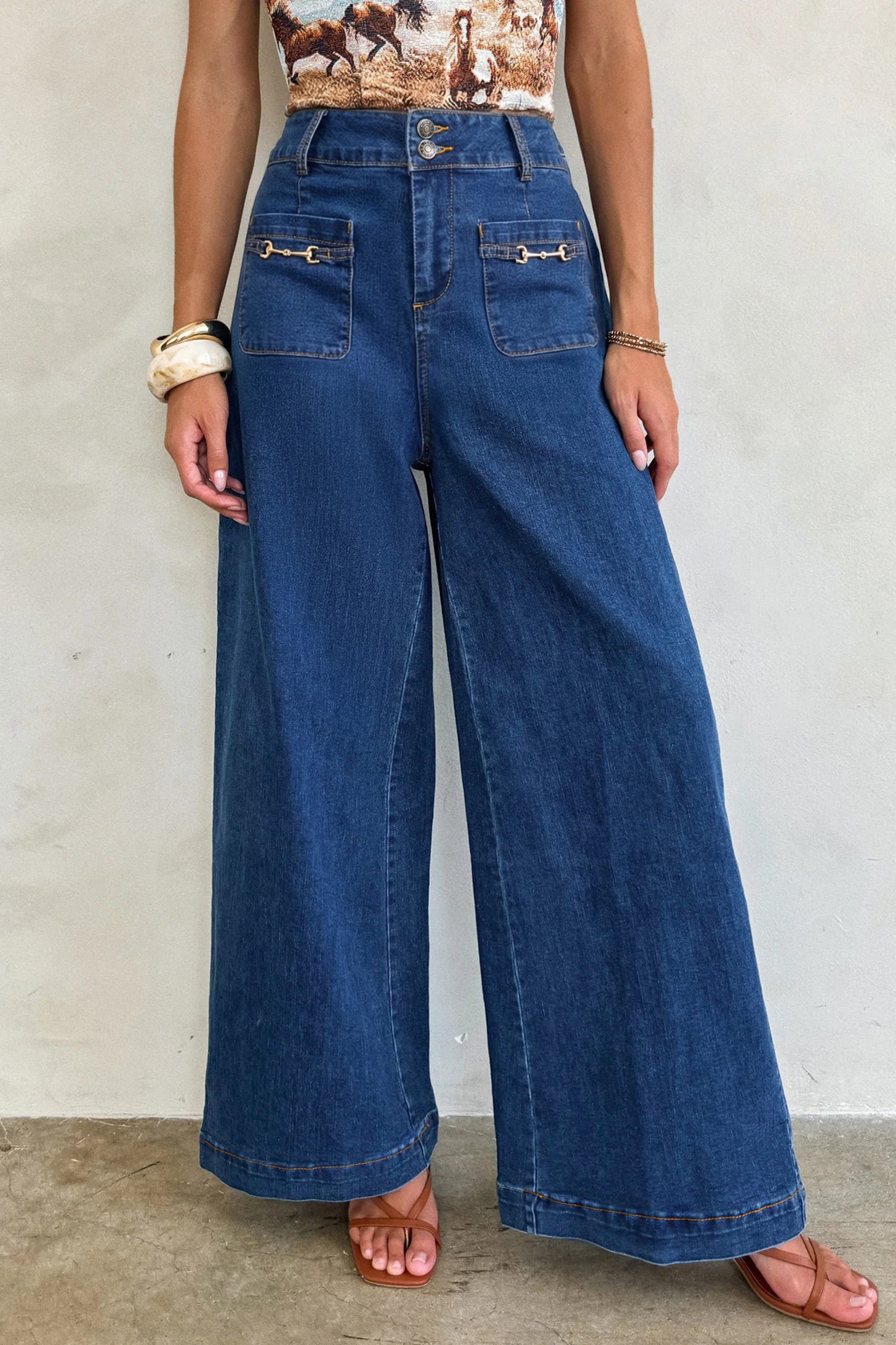 Stacey B's Sail Blue Hardware Decor Patched Pockets Wide Leg Denim Pants