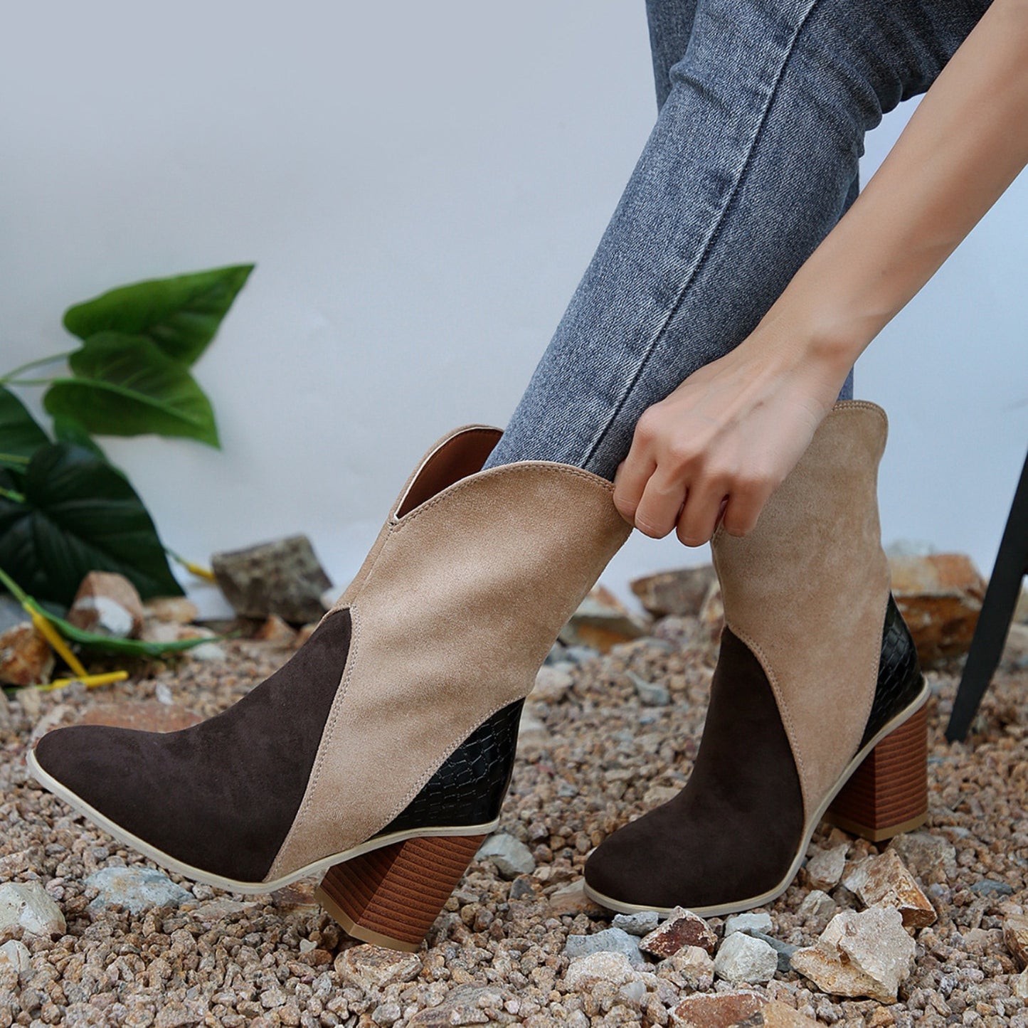 Stacey B's Suede Square Toe Block Heel Boots