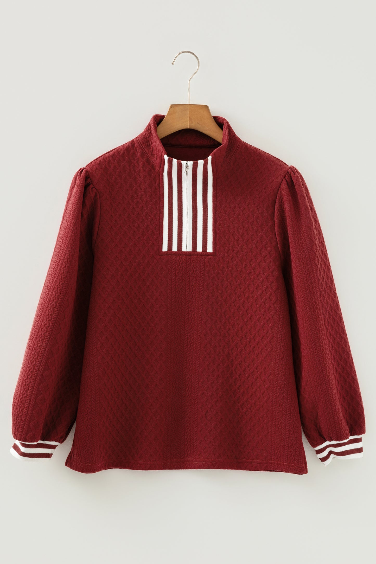 Stacey B's Racing Red Rhombus Textured Striped Patchwork Zip Neck Pullover Sweatshirt