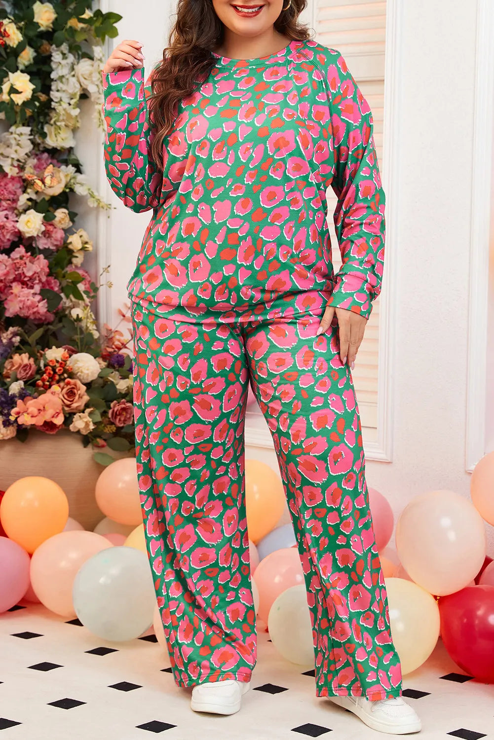 Stacey B's  Printed Round Neck Long Sleeve Top and Pants Set