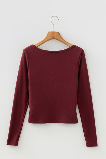 Stacey B's Coffee Ribbed Solid Color U Neck Cropped Long Sleeve Top