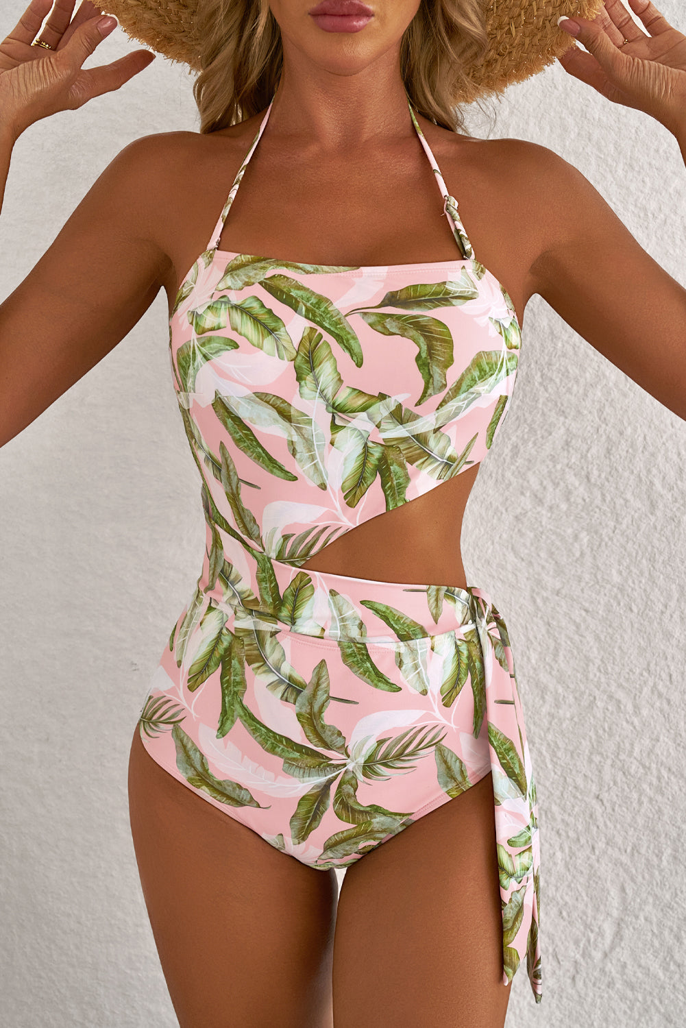 Stacey B's Pink Tropical Asymmetric Cut out Halter Backless One Piece Swimwear