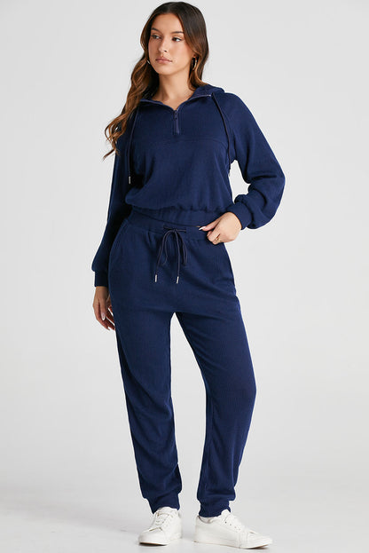 Stacey B's Navy Blue Ribbed Knit Cropped Hoodie and Drawstring Joggers Set
